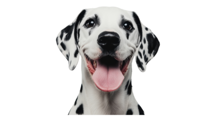A cheerful Dalmatian dog smiling brightly against a transparent background with playful energy and distinctive black spots.