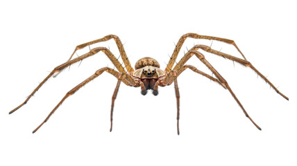 Detailed close-up of a spider exhibiting its long legs and distinctive body structure against a clear background.