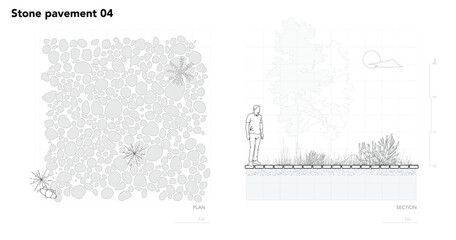 Architectural Drawings, Minimal style cad tree line drawing, Side view, plan and section forest outline symbol for landscape design drawing. Vector illustration in stroke fill in white. © feipco