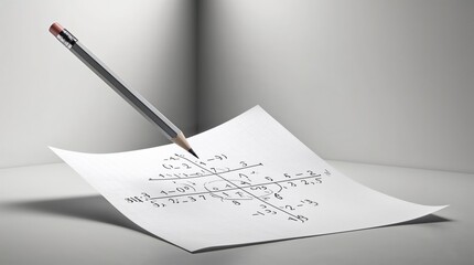 Floating Pencil Hovering Above Paper with Mathematical Equations Against a Minimalist Grey Background
