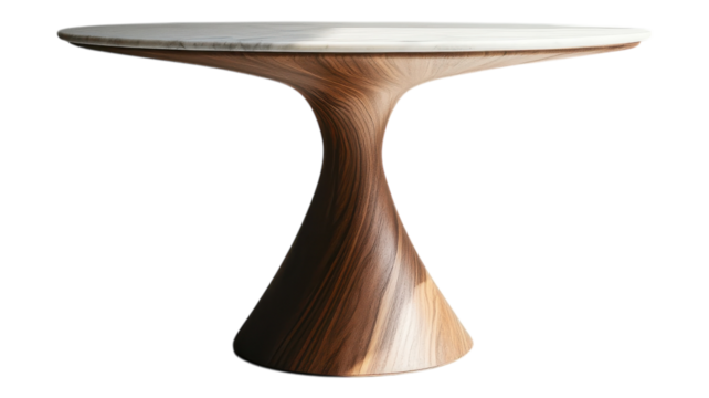 Elegant wooden table with a sculptural base, designed for modern dining in a contemporary setting.