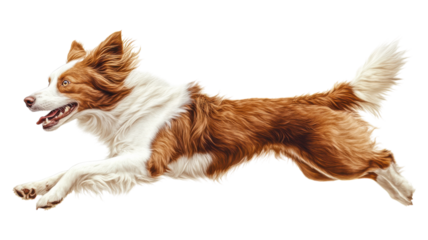 A lively dog leaps joyfully through the air in a grassy field during a bright sunny day, showcasing its energy and playfulness.