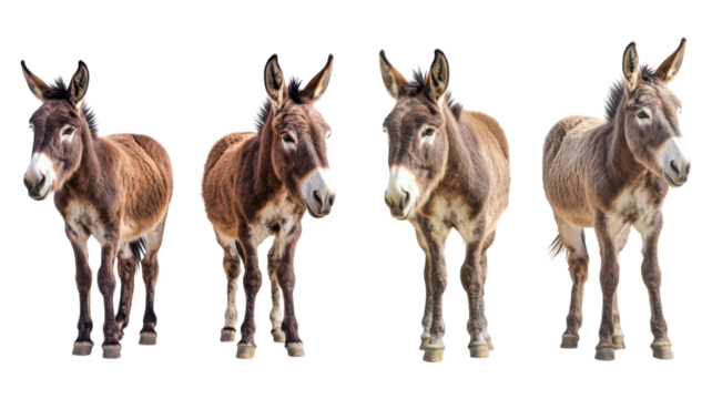 Four different poses of a donkey standing on a transparent background showcasing various viewpoints and expressions in natural light.