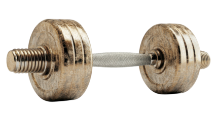 A close-up of a vintage-style metal dumbbell on a neutral background highlighting its textured grip and weight design.