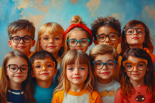 A group of children wearing glasses in front of a blue background