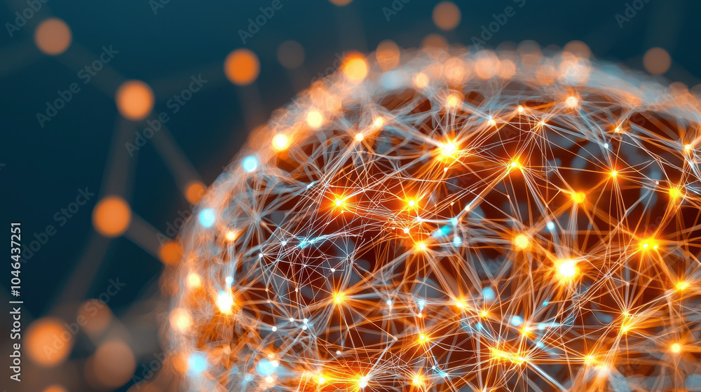 Poster abstract representation of a digital network globe with glowing connections and nodes on a dark back