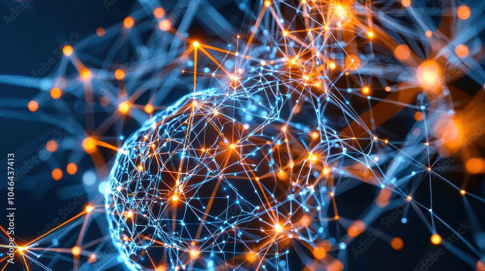 Poster abstract digital network with glowing connections and nodes in blue and orange tones against a dark 
