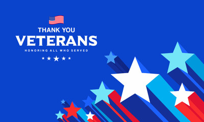 Veterans day background design with 
Thank You Veterans, Honoring all who served, 
blue red stars american flag background, cards, 
social media post, marketing ads, web, banners, 
November 11, USA
