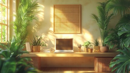 A serene workspace surrounded by lush plants and natural light.