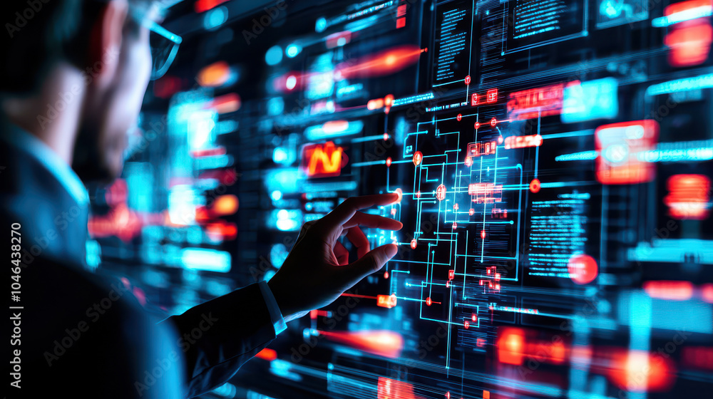 Poster business professional interacting with digital interface displaying various data visualizations and 