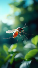A close-up view of a mosquito in flight amidst lush greenery nature's intriguing insect world