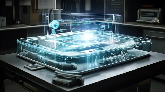 A Glass Cube Displaying Holographic Text and Objects