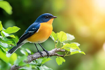 A vibrant blue and orange bird perched on a branch surrounded by lush green leaves in nature's serenity