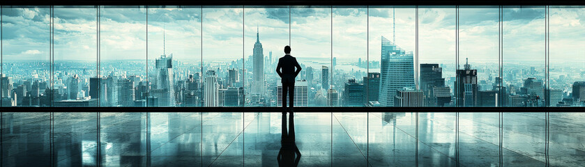 Fototapeta premium confident businessman standing by glass window, overlooking city skyline with skyscrapers and cloudy sky. scene conveys ambition and determination
