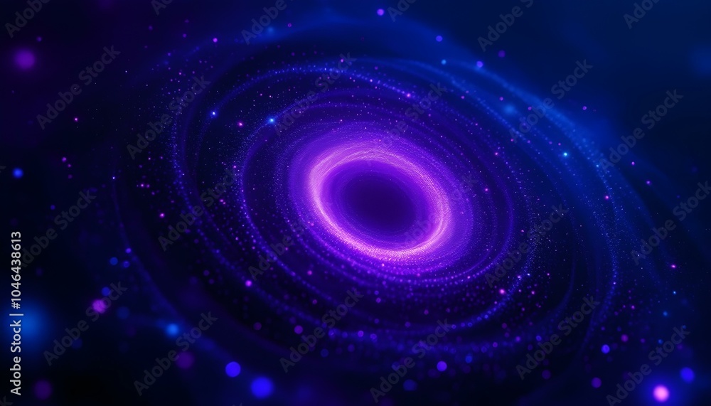 Poster Digital vibration and sound wave. Circle pulse wave with points and particles on the dark background. 3D rendering. Radial pulse sea. 3D drip drop. Big data grid.