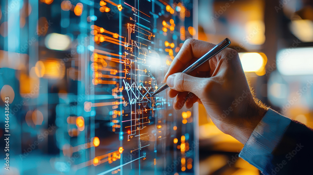 Poster hand holding a pen drawing complex digital data visualization on a transparent screen in a modern te