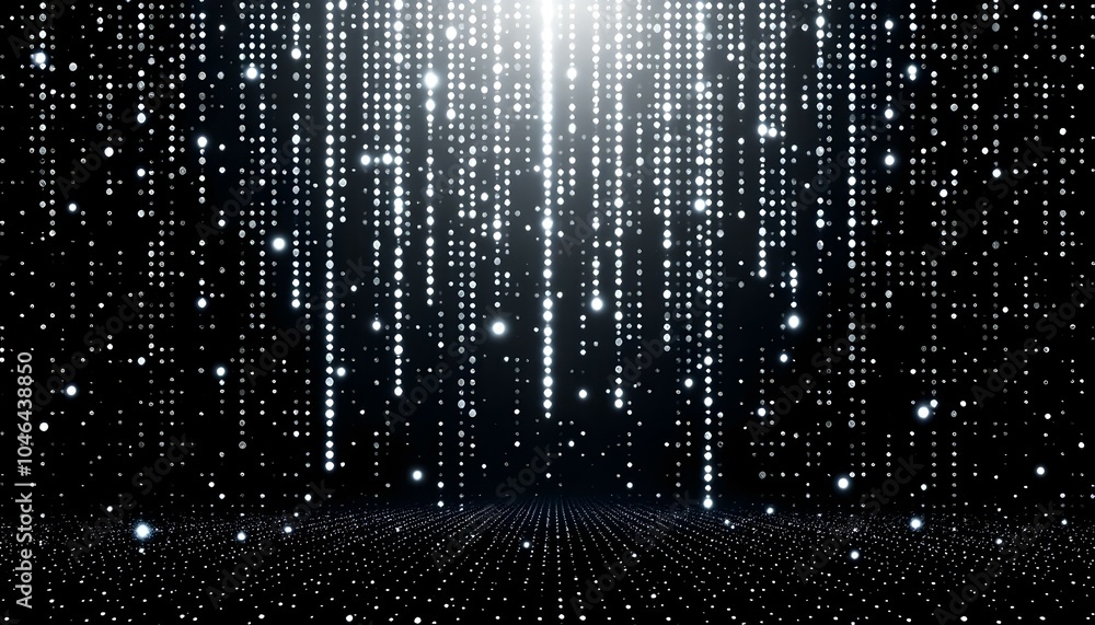 Poster Digital black matrix. Futuristic dots background. Cyber texture with particles of different sizes. Technology illustration. Green matrix background. Technology stream binary code. 