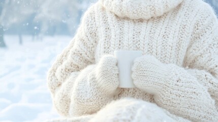Stylish Winter Fashion Street Photoshoot with Trendy Woman in Oversized Sweater Enjoying Hot Drink on Snow-Covered Bench