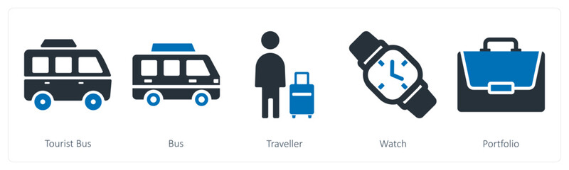 A set of 5 business icons as tourist bus, bus, traveller