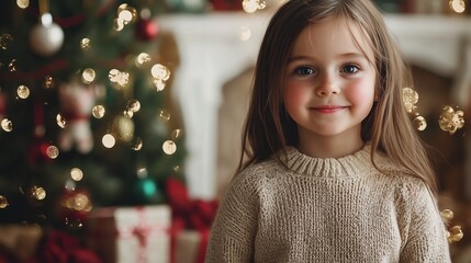 A cute little girl in a festive sweater stands by a decorated christmas tree, surrounded by glowing lights and wrapped gifts, evoking holiday joy.