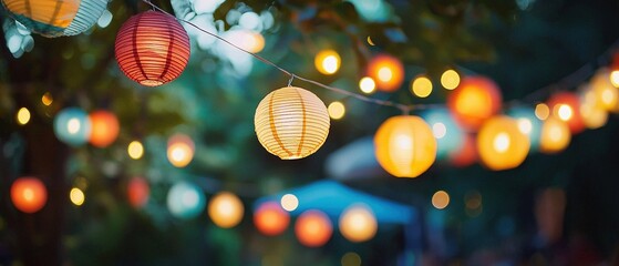 Bunte Lampions als Dekoration bei einer Gartenparty im Sommer 
