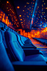 A row of empty blue seats in a movie theater