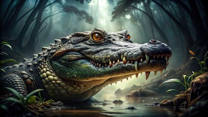 Fototapeta premium Scary Crocodile Portrait - Aerial Drone Photography of a Menacing Croc in Its Natural Habitat, Capturing the Raw Power and Terrifying Presence of This Apex Predator