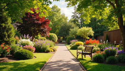 Fototapeta premium Vibrant Garden Pathway Surrounded by Colorful Flowers and Lush Greenery, nursing concept 
