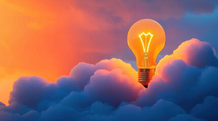 Illuminated light bulb floating above colorful clouds during sunset, symbolizing creativity, inspiration, and ideas in a dreamy atmosphere