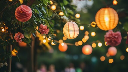 Partydekoration für eine Gartenparty im Sommer, Leuchtende Lampion Girlande 