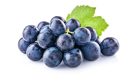 Fototapeta premium Close-Up of Fresh Blue Grapes with Leaves on Isolated White Background