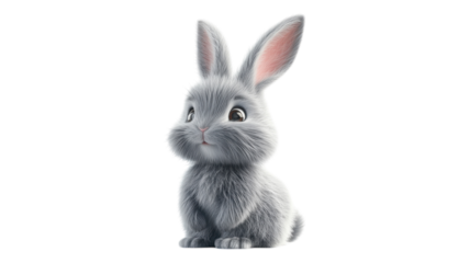 Cute gray rabbit sitting with a gentle expression on a transparent background, showcasing fluffy fur and large expressive eyes.