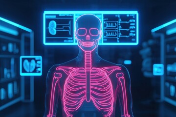AI-powered holographic medical display concept. A neon outline of a human skeleton contrasts against a futuristic background displaying medical data and anatomical charts