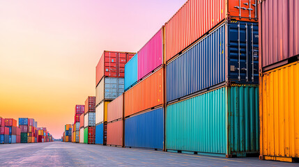 Fototapeta premium Rows of colorful shipping containers stacked