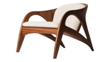 Elegant wooden chair with a modern design featuring a curved backrest and cream upholstery, perfect for stylish interiors.