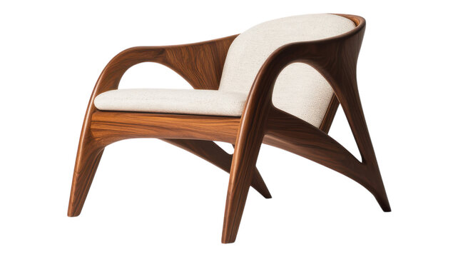 Elegant wooden chair with a modern design featuring a curved backrest and cream upholstery, perfect for stylish interiors.