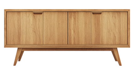 Wooden sideboard with minimalistic design and four storage compartments suitable for modern interior decor.