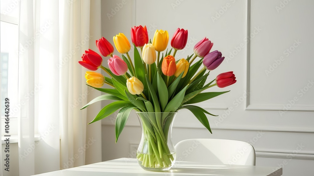 Poster a vase of tulips sits on a table in a room with a window