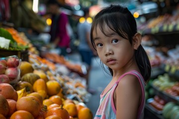 Fototapeta premium Asian girl attending a local street food festival or market.
