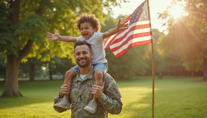 military man holding his ecstatic son of Black descent on his shoulders, both enjoying a sunny day in a lively green park, with an American flag proudly displayed