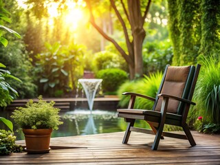 Obraz premium Elegant Black Chair on Wooden Patio in Lush Green Garden with Fountain, Outdoor Serenity, Tranquil Home Environment, Nature Escape, Stylish Outdoor Living