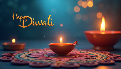 Diwali festival banner design with rich, warm colors and a soft-focus bokeh effect, displaying golden text Happy Diwali in stylish calligraphy, accompanied by traditional Indian motifs like diyas and 