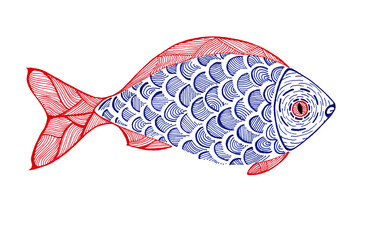 Stylized illustration of fish. Red and blue colors. Doodle. Drawing with a contour and textures...