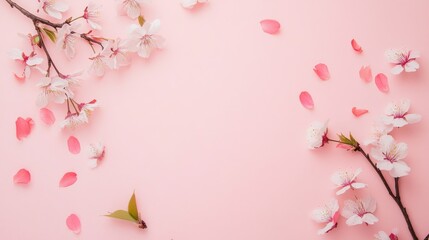 Photo of, Pink background with delicate cherry blossom branches and fluttering butterflies in vibrant hues for design, banner template
