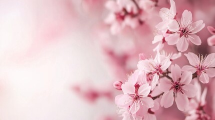 Photo of, Pink background with delicate cherry blossom branches and floating petals in soft pastel shades for design, banner template