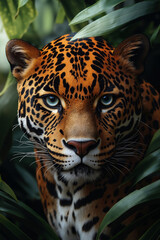 Naklejka premium A close up of a jaguar's face surrounded by green leaves