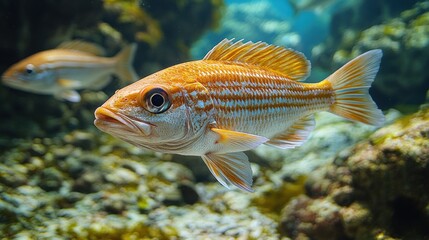 Obraz premium A vibrant orange fish swimming in a coral reef environment.