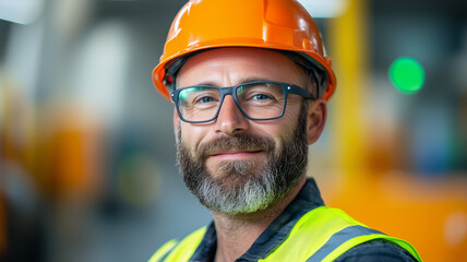 Smiling construction worker wearing safety gear on site, showcasing professionalism, confidence, and dedication in industrial setting.