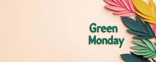 Eco-friendly minimalist background for Green Monday concept. A colorful seasonal design featuring "Green Monday" text with vibrant leaves in pink yellow and green against a light background