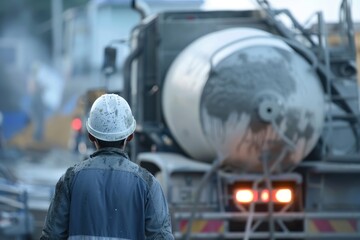 Concrete mixer truck behind engineer with blurred background